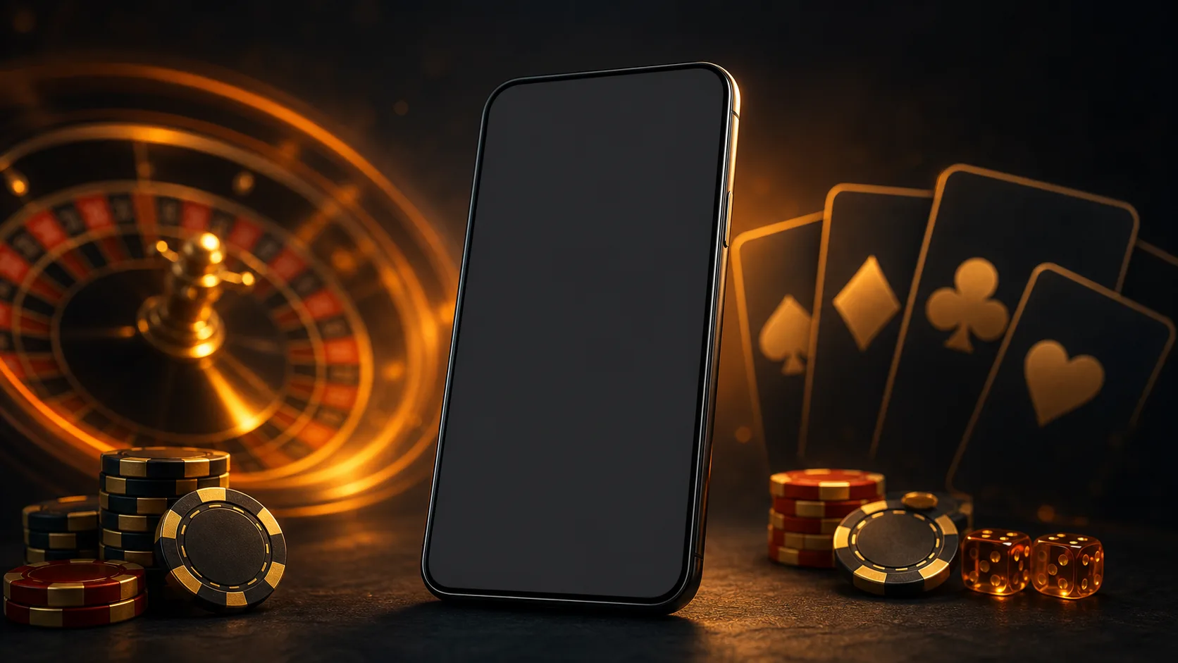 Blank mobile casino screen with warm roulette and card accents