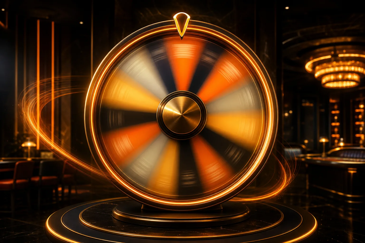 Spinning abstract casino wheel with warm orange light