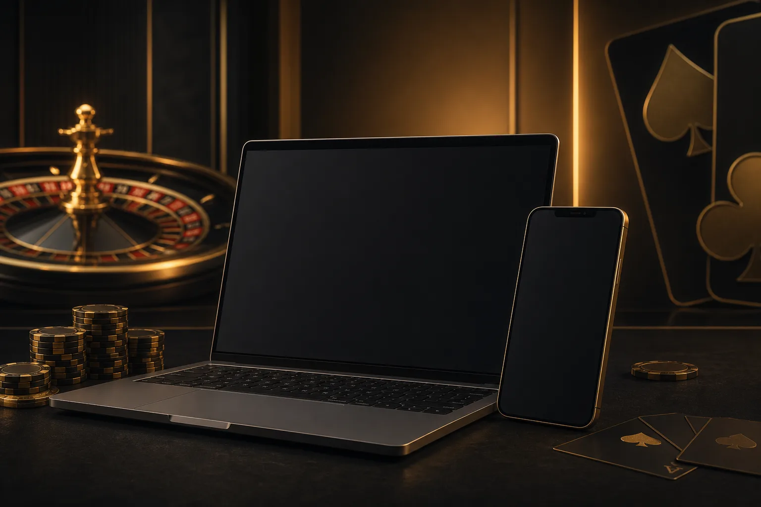 Laptop and smartphone with blank screens for casino account access